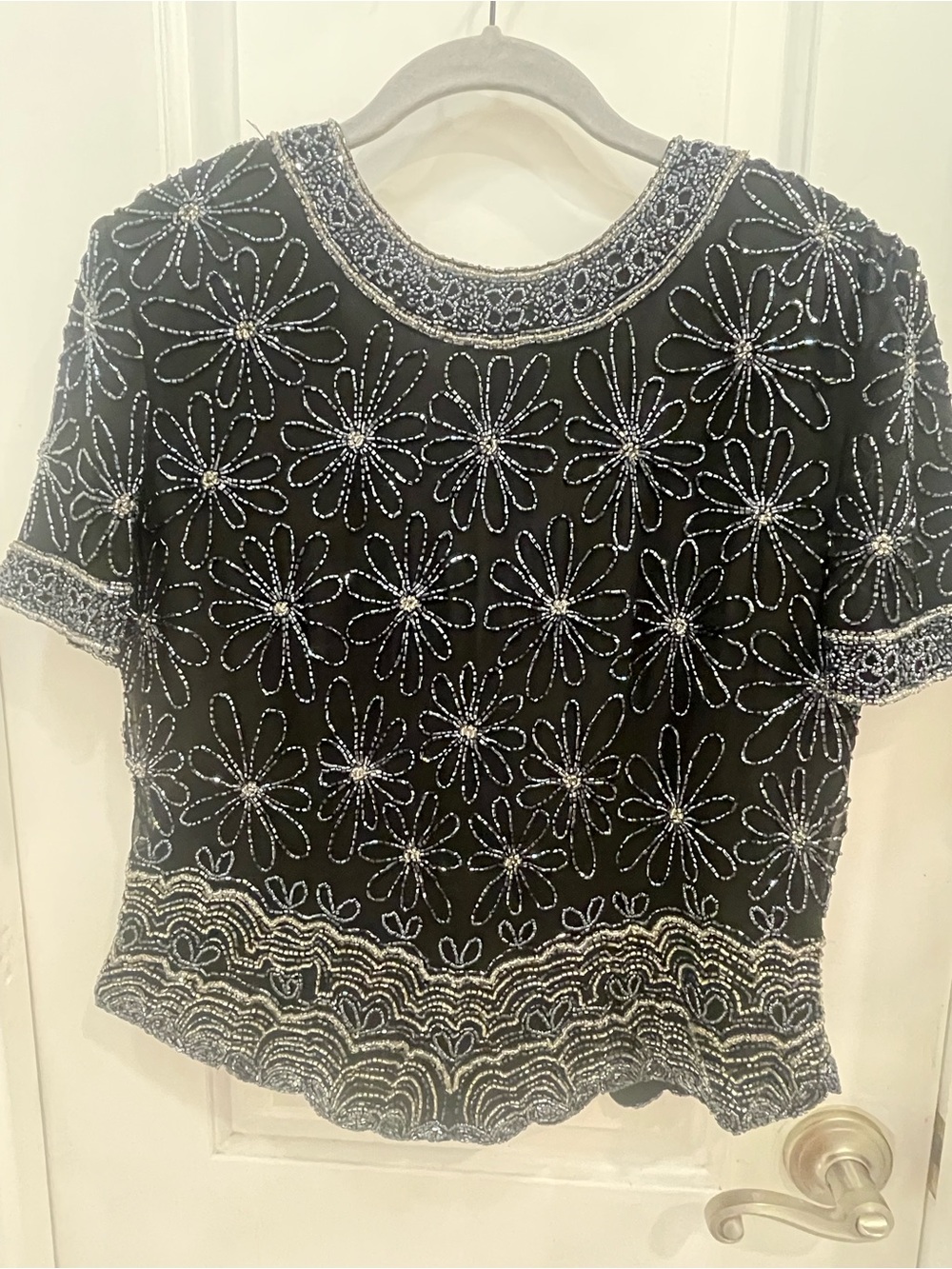 Papell Boutique Black Beaded Floral Short-Sleeve Top